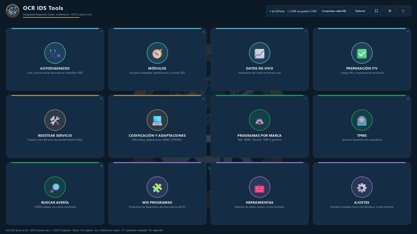 Pantalla de inicio de OCR IDS Tools, con mosaicos de autodiagnosis, módulos, datos en vivo y TPMS